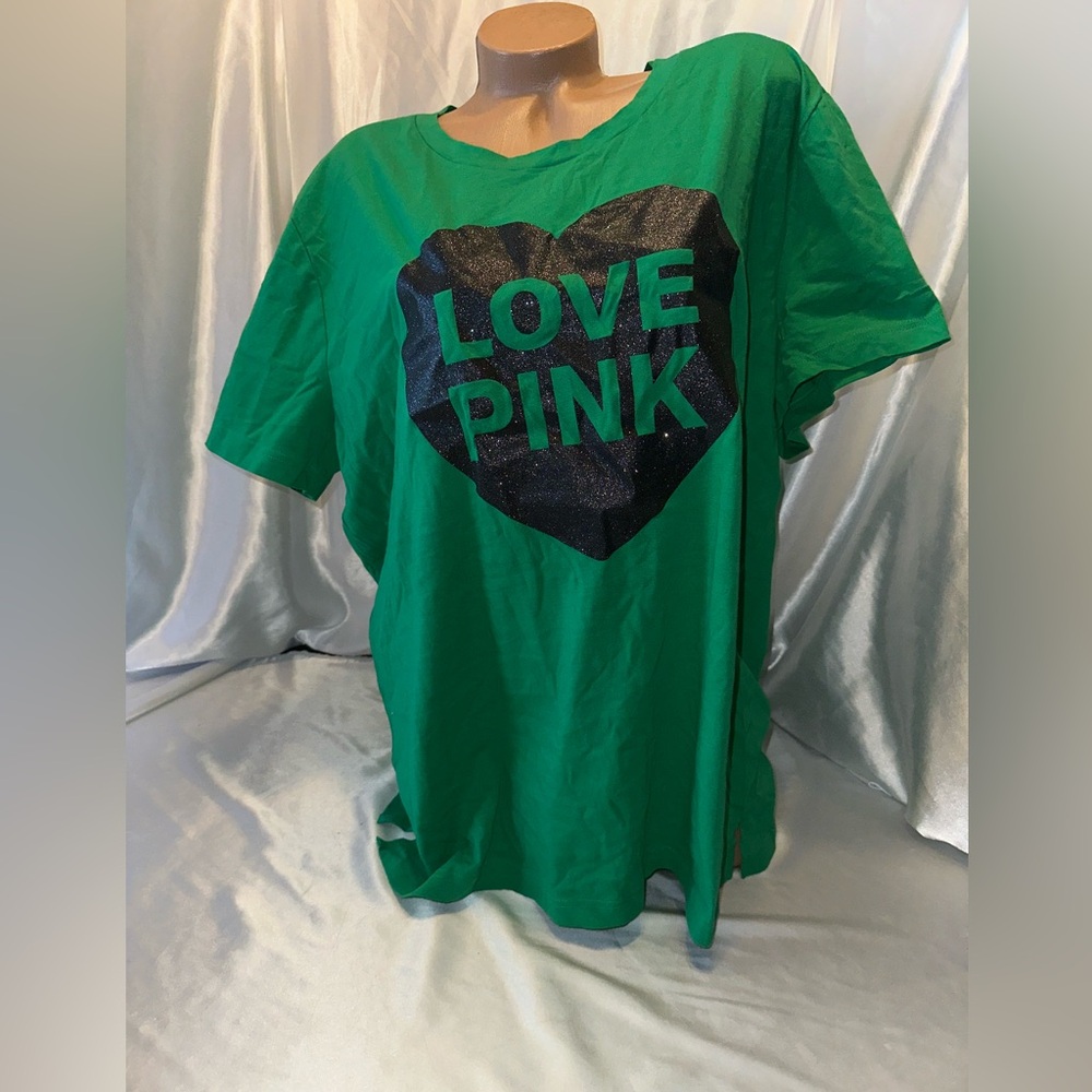 Victorias Secret PINK Tshirt Heart Logo Green Sparkle Boyfriend Oversized XXL